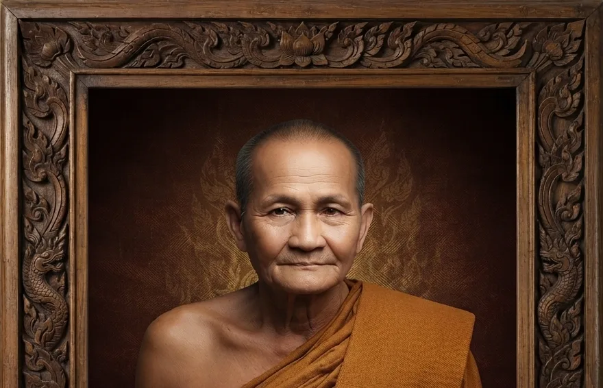 Portrait of Luang Phor Parn of Wat Bang Nom Kho, the renowned Thai Buddhist monk famous for his sacred animal amulets and compassionate teachings.