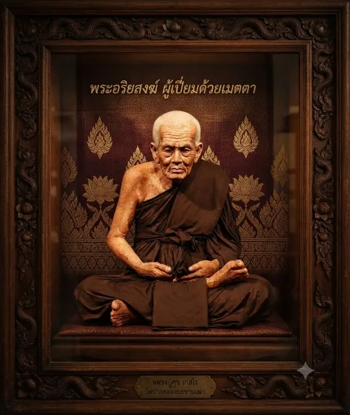 Portrait of Luang Phor Thuad of Wat Chang Hai, the legendary Thai Buddhist monk revered for his miracles, compassion, and sacred protection amulets.