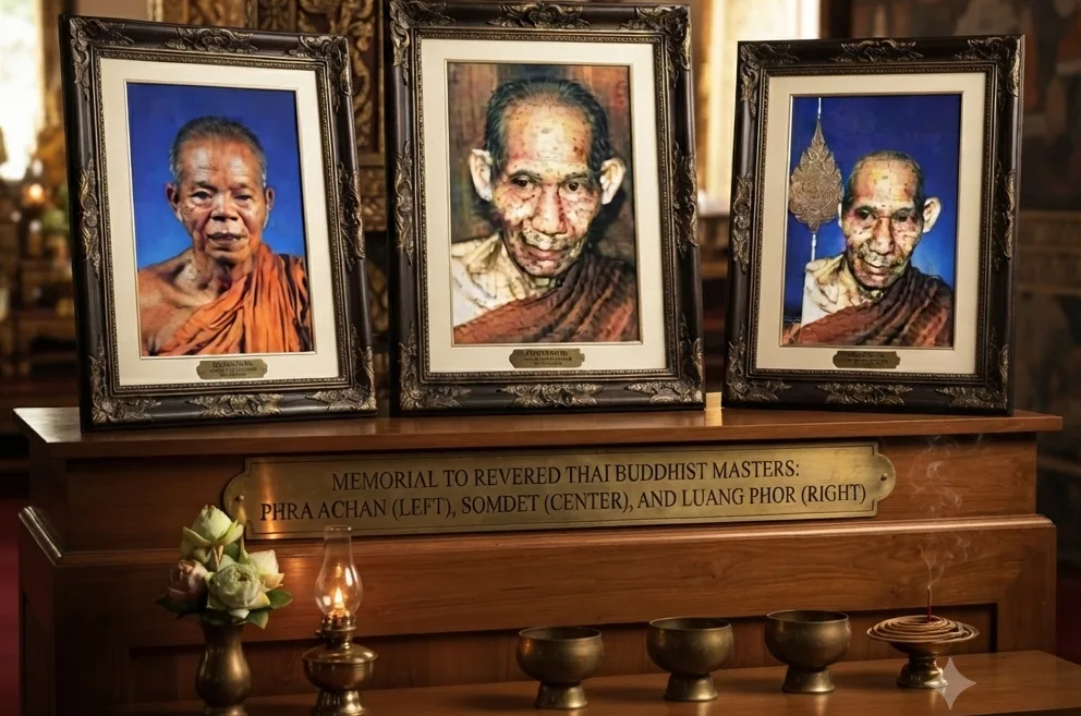 Portrait collage of famous Thai Buddhist monks representing the Thai Forest Tradition, sacred temples, and Buddhist teachings.
