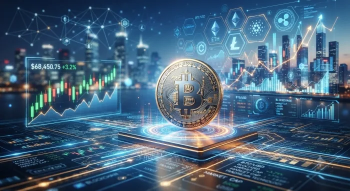 Cryptocurrency trading dashboard displaying Bitcoin, Ethereum, and market price charts.