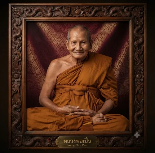 Portrait of Luang Phor Pern Thitakuno of Wat Bang Phra, the renowned Thai Buddhist monk and legendary Sak Yant master famous for sacred tiger yantras and blessed amulets.