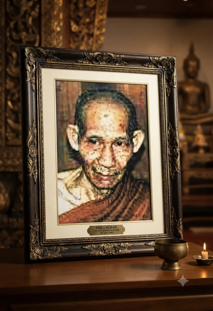 Luang Phor Kasem Khemako portrait from Susaan Trailak Temple in Lampang, Thailand.