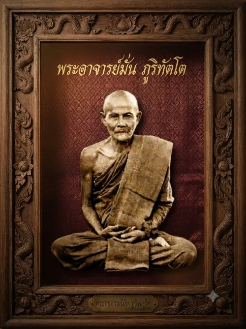 A historic photograph of the meditation master Ajahn Mun Bhuridatta in his forest monk attire.